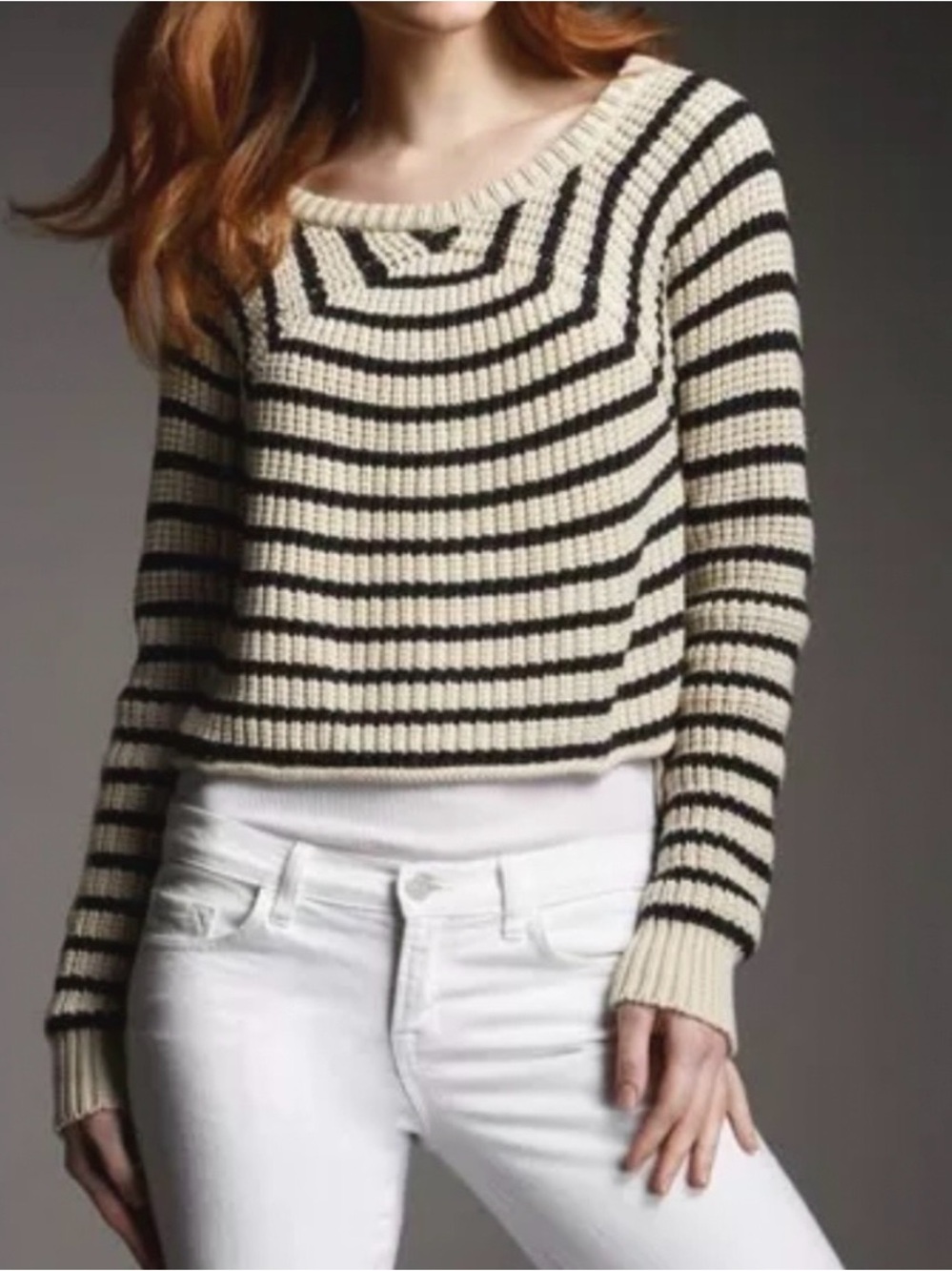 Striped Knit Cropped Sweater - Cream & Black